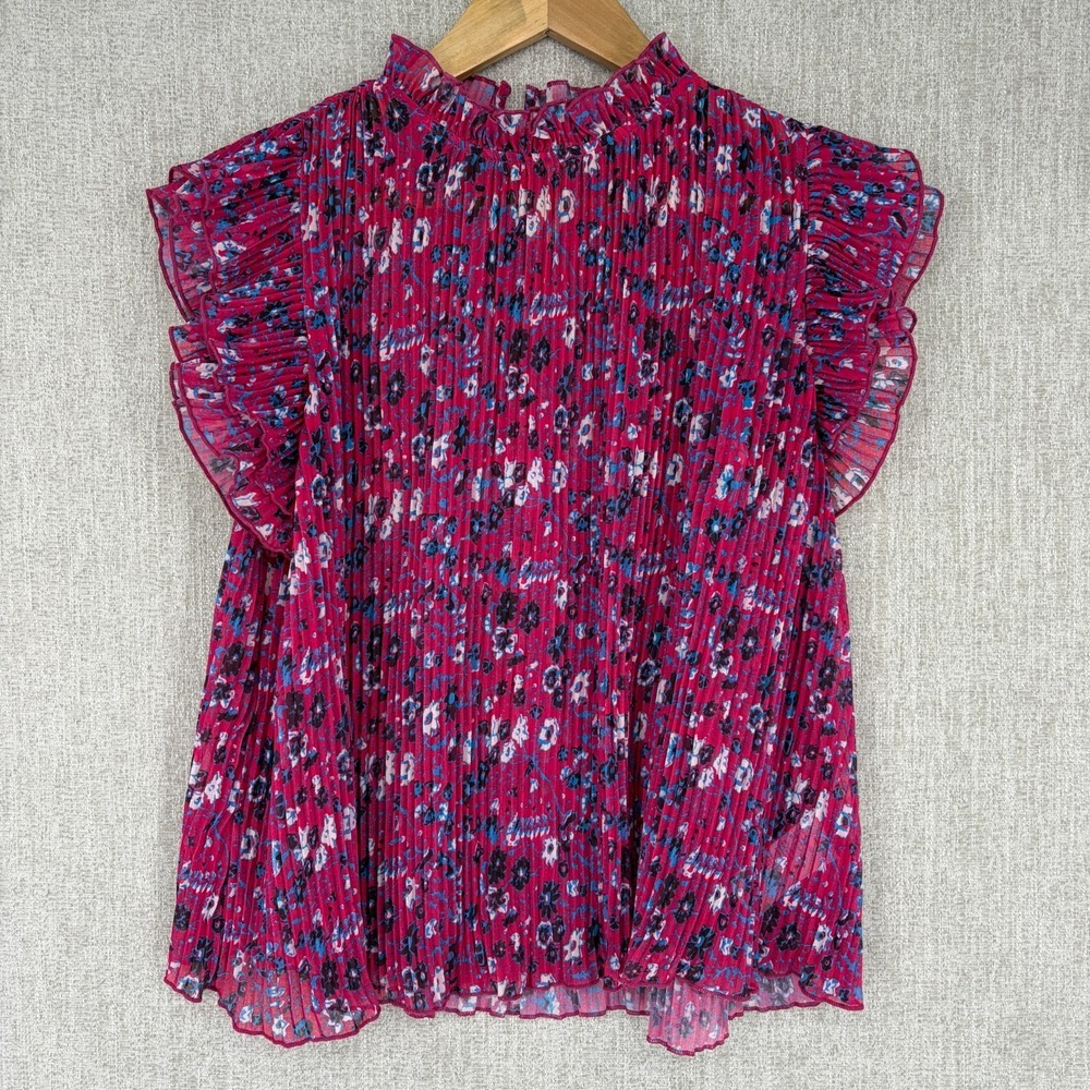 Anthropologie Top Blouse Womens‎ Small Pink Floral Pleated Freida Flutter Ruffle